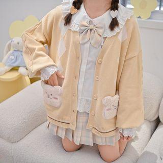Cartoon Bear Pocket Argyle Cardigan