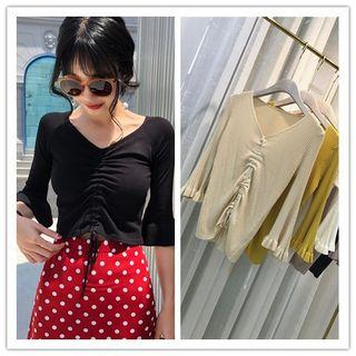 V-neck Drawstring Elbow-sleeve Top