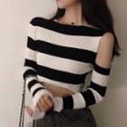 Striped Cropped Long-sleeve Knit Top As Shown In Figure - One Size