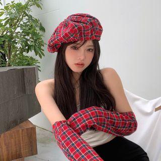 Plaid Beret Hat / Arm Sleeve / Set
