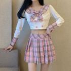 Bow Accent Cropped Blouse / Plaid Mini Pleated Skirt / Set