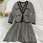 Set: Houndstooth One-button Cardigan + Tank Dress Black - One Size