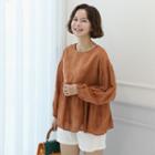 Puff-sleeve Embroidered Top Camel - One Size