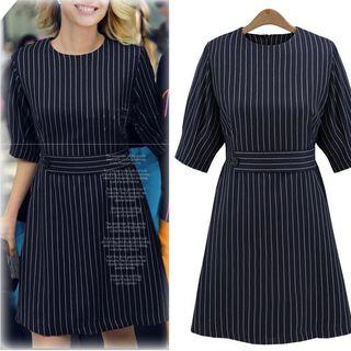 Pinstripe Elbow-sleeve Dress