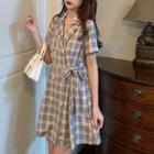 Short-sleeve Double Breasted Plaid Shirtdress