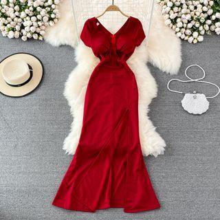 Short Sleeve Slim Fit Slit Maxi Dress
