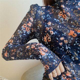 Floral Print Long-sleeve Sheer Top