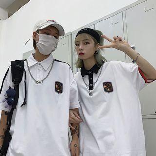 Couple Matching Applique Polo Shirt / High Waist Shorts