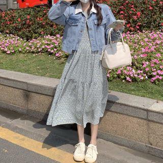 Puff-sleeve Floral Print Midi A-line Dress / Denim Jacket
