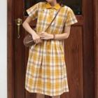 Plaid Short Sleeve Dress Yellow - One Size