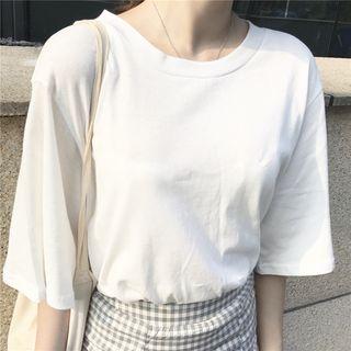 Set: Plain Elbow Sleeve T-shirt + Plaid Midi Skirt