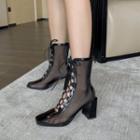 Mesh Block-heel Lace Up Short Boots