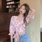 Floral V-neck Elbow-sleeve Tie-waist Cropped Blouse