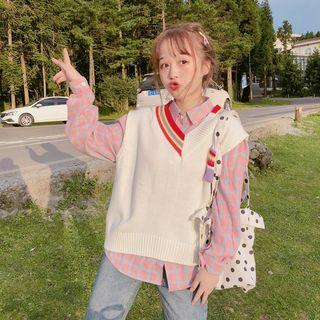 Plaid Shirt/ V-neck Color Block Knit Vest