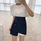 Plain Short-sleeve Top / High-waist Asymmetric Denim Skirt