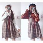 Embroidered Long-sleeve Blouse / Check Pinafore Dress / Set: Embroidered Long-sleeve Blouse + Check Pinafore Dress