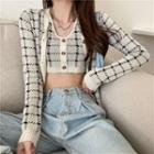 Sleeveless Cropped Knit Top / Long-sleeve Plaid Knit Cardigan