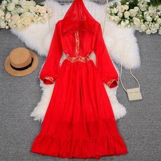 Embroidered Chiffon Hoodie Dress