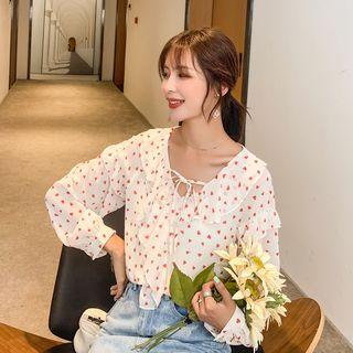 Heart Printed V-neck Long-sleeve Chiffon Blouse