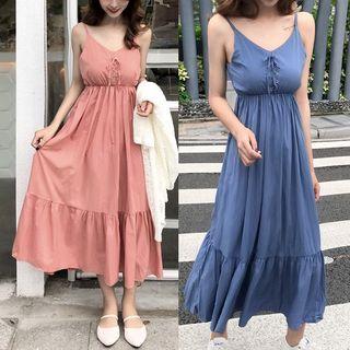 Lace-up Front Sleeveless Dress / Long Cardigan