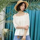 Cold-shoulder Ruffle Trim Short-sleeve Blouse White - One Size