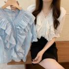 Puff-sleeve Ruffle Trim Plain Chiffon Blouse