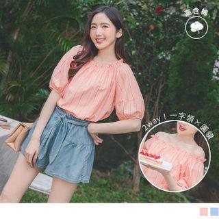 Puff-sleeve Frilled Trim Two Way Striped Top
