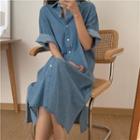 Lapel Single-breasted Short-sleeve Denim Dress As Shown In Figure - One Size