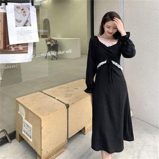Puff-sleeve Drawstring Lace Trim Midi A-line Dress