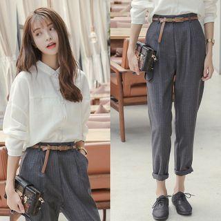 Set: Long-sleeve Plain Shirt + High-waist Striped Pants