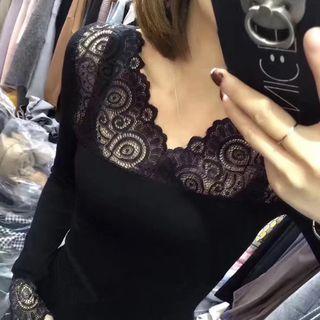 Lace Panel Long-sleeve Top Black - One Size