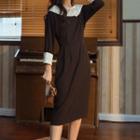 Long-sleeve Faux Pearl Midi A-line Dress