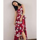 Spaghetti Strap Ruffle-trim Floral Print Maxi Dress