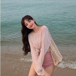 Long-sleeve Sheer Knit Top Light Almond - One Size