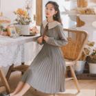 Collared Long-sleeve Pleated Dress