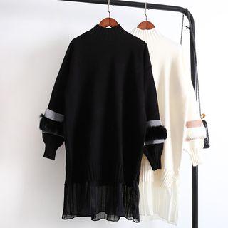 Furry Trim Chiffon Hem Mock Neck Long Sleeve Knit Dress