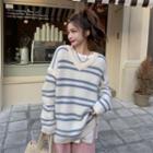 V-neck Striped Sweater Stripe - Blue & White - One Size