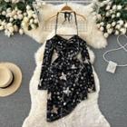 Long-sleeve Off-shoulder Floral Asymmetrical Sheath Dress