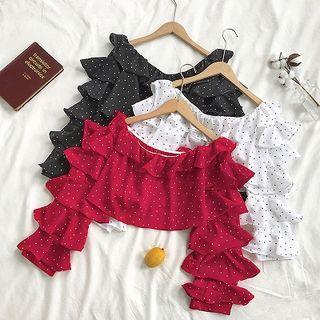Polka Dot Off-shoulder Chiffon Ruffled-sleeve Top