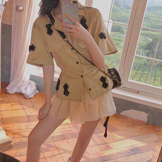 Rhinestone Short-sleeved Shirt / Mesh Mini Skirt