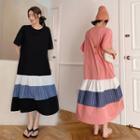 Short-sleeve Striped Panel Color Block Midi Smock Dress
