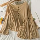 Set: Boatneck Loose-fit Light Henley + Wide-leg Shorts