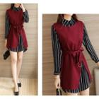 Set: Long-sleeve Striped Shirtdress + Vest
