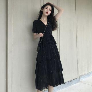 Short-sleeve Plain Tiered Midi Dress