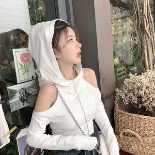 Long-sleeve Cold Shoulder Hooded T-shirt