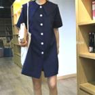 Short Sleeve Button Front Dress Navy Blue - One Size