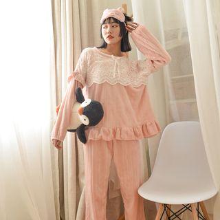 Loungewear Set: Lace Panel Flannel Pullover + Pants