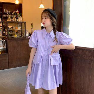 Puff-sleeve Plain Shirtdress