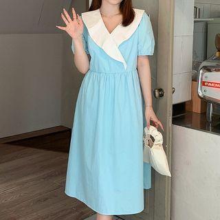 Puff-sleeve V-neck Ruffle Dress