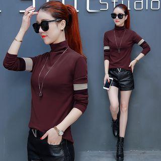 Mock Turtleneck Contrast Trim Long-sleeve Top